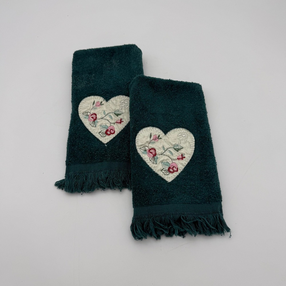 Hand Towels Vintage Cannon Teal Green Pair Heart Floral Embroidery Fringe USA
